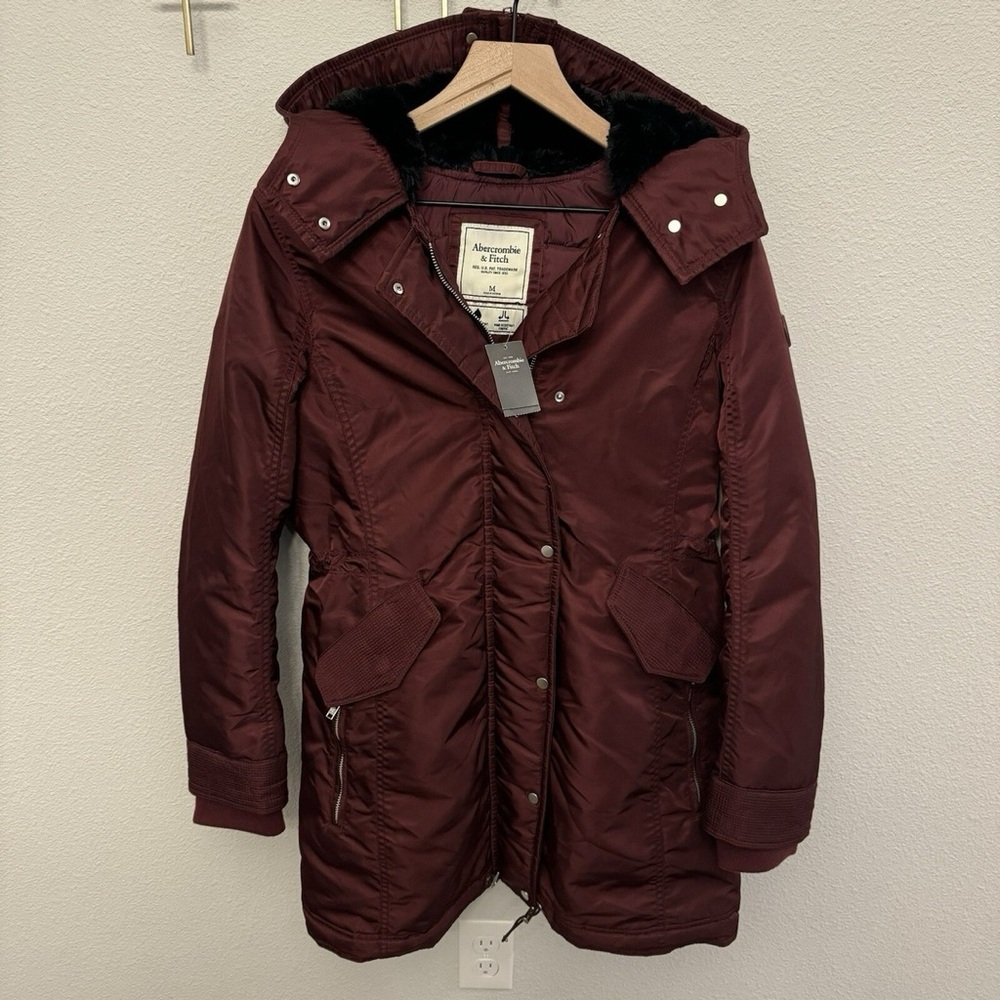 NWT Abercrombie Burgundy Maroon Red Parka Jacket Womens Puffer Fur Black